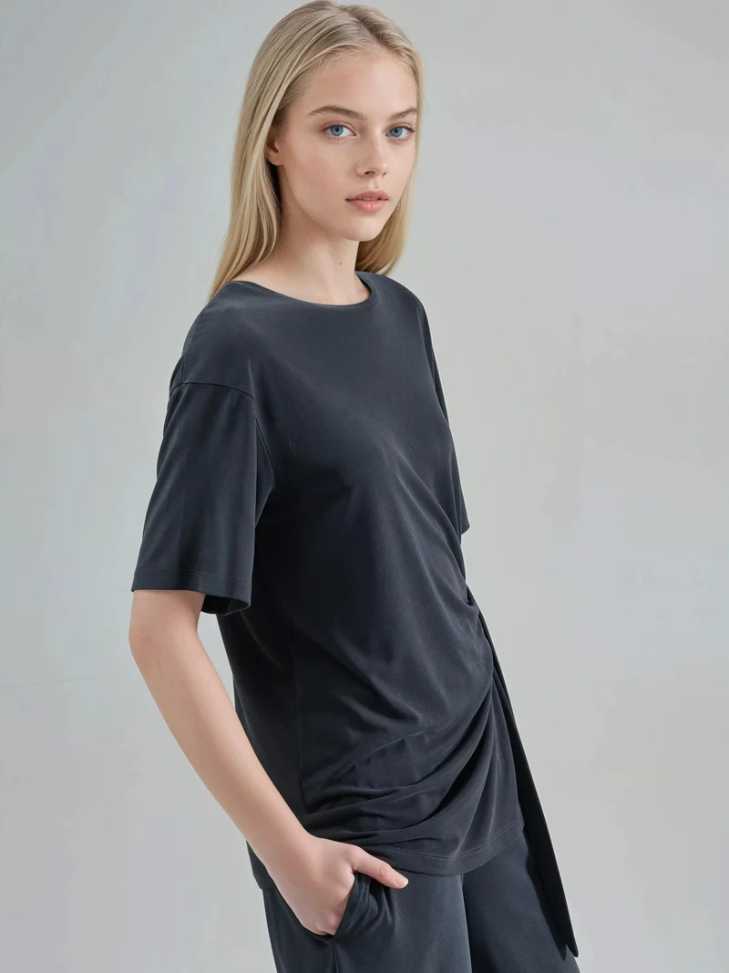 بوسيم BUSEM Loose Fit Crew Neck Modal Blouse with Tie Detail